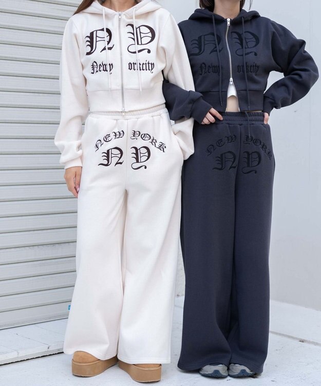 WEGO 【ウエストゴム】グラフィック刺繍裏起毛ワイドSWTパンツ ホワイトアイボリー