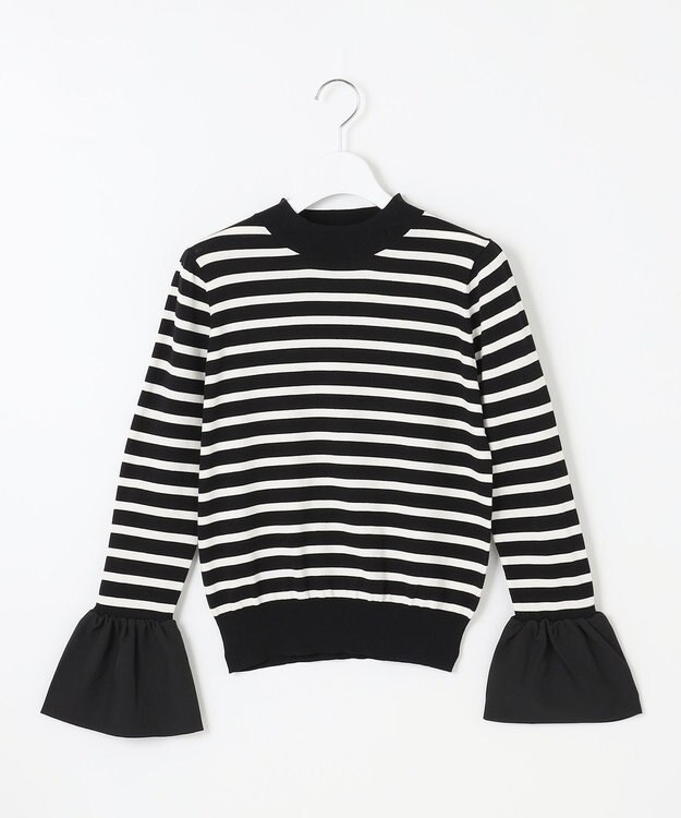 Feroux 【洗える】袖フレアボーダー ニット ブラック系1