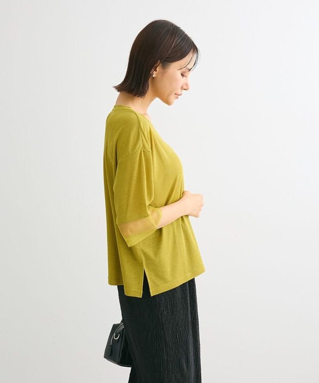 Green Parks 袖チュールドッキングシアー５分袖プルオーバー Green
