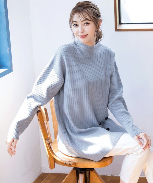 Tiaclasse L 【洗える】1枚でもレイヤード効果のあるサイドボタンチュニック ブルー