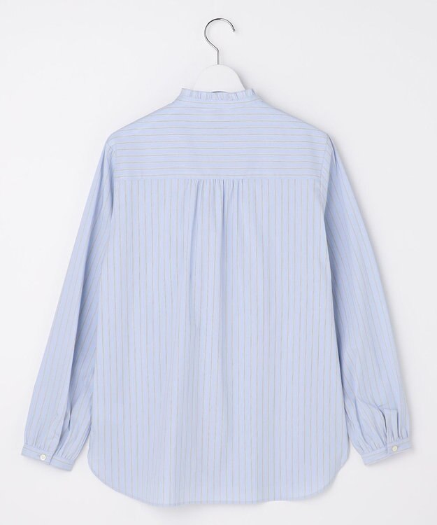 J.PRESS LADIES S BEZコットンナイロン ストライプ フリル襟 ブラウス サックス×ホワイト×ベージュ系