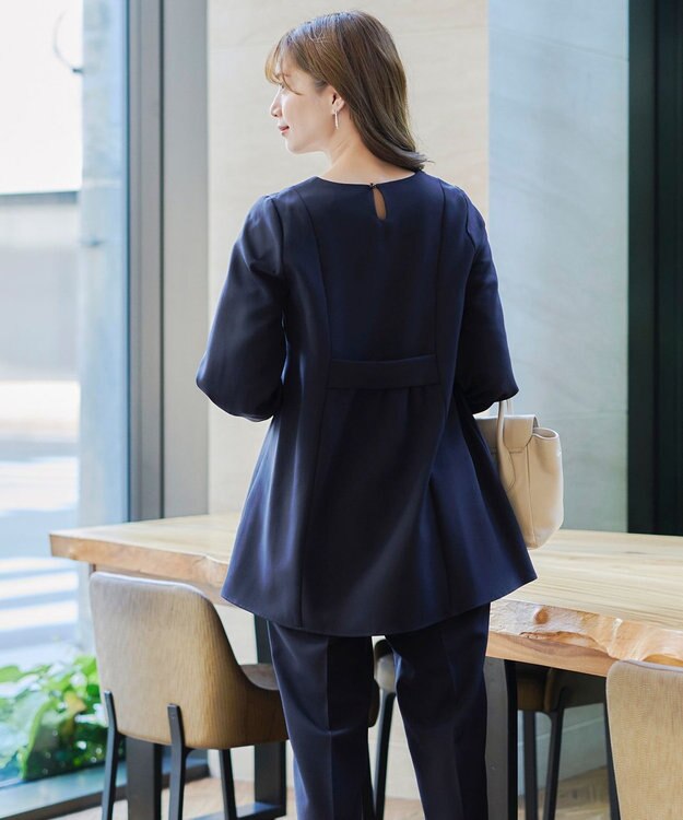 Tiaclasse 【ダブルストレッチ・洗える】バックベルトチュニックブラウス ネイビー