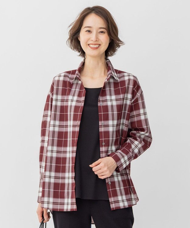 自由区 L 【セット可/洗える】オータムチェック ドロップショルダー ブラウス ワイン系4