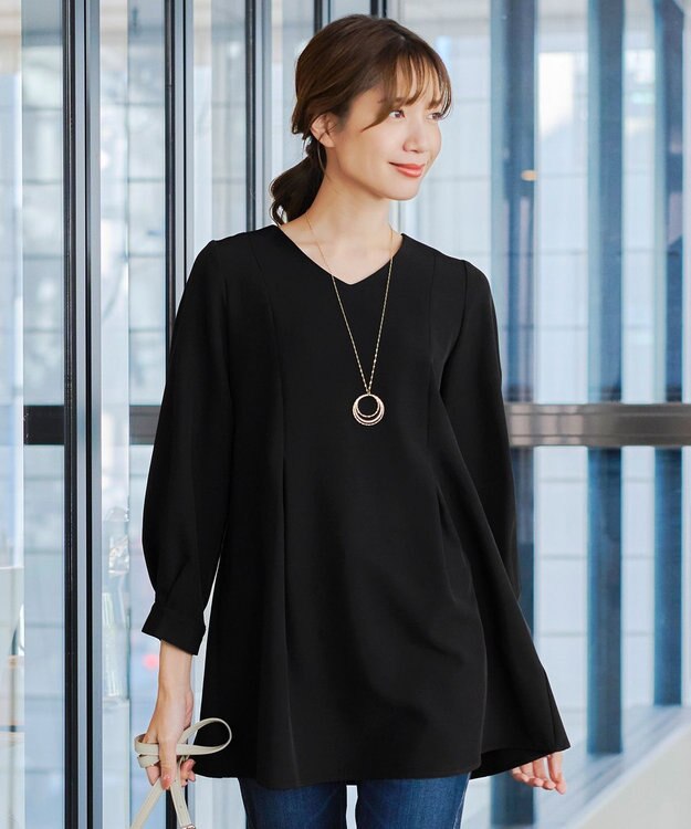 Tiaclasse 【ダブルストレッチ・洗える】バックベルトチュニックブラウス ブラック