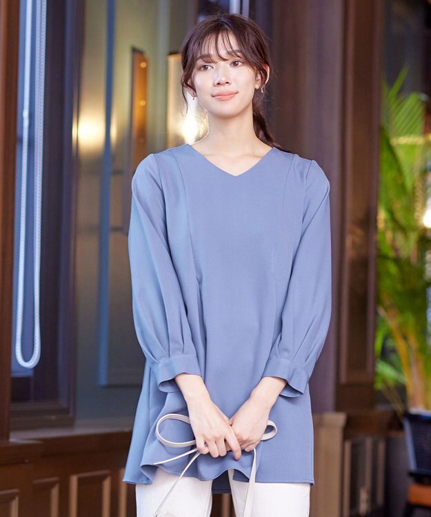 Tiaclasse 【ダブルストレッチ・洗える】バックベルトチュニックブラウス グレー