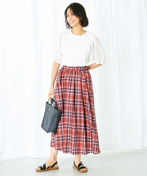 ANY 【ウエストゴム】イージーケアチェック スカート オレンジチェック