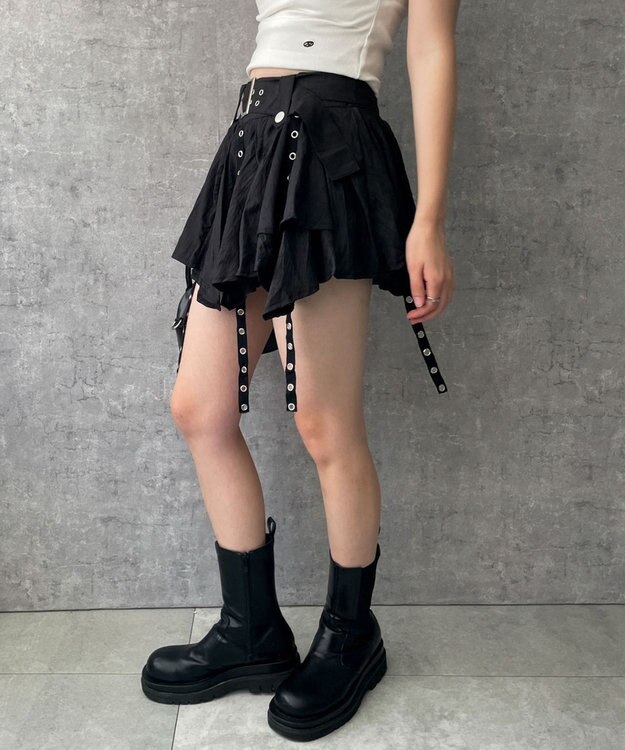 WEGO ベルト付きフリルアイレットスカート ブラック