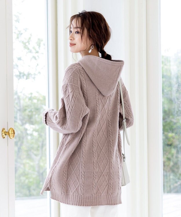 Tiaclasse 【洗える】アラン柄ニットパーカーチュニック ピンクモカ