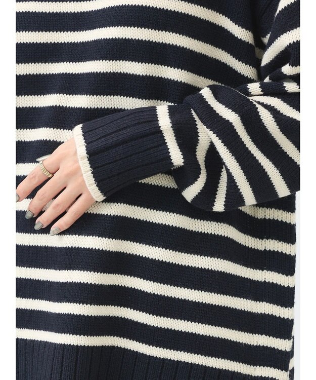 earth music&ecology ウォッシャブル脇スリットクルーネックプルオーバー Border Navy