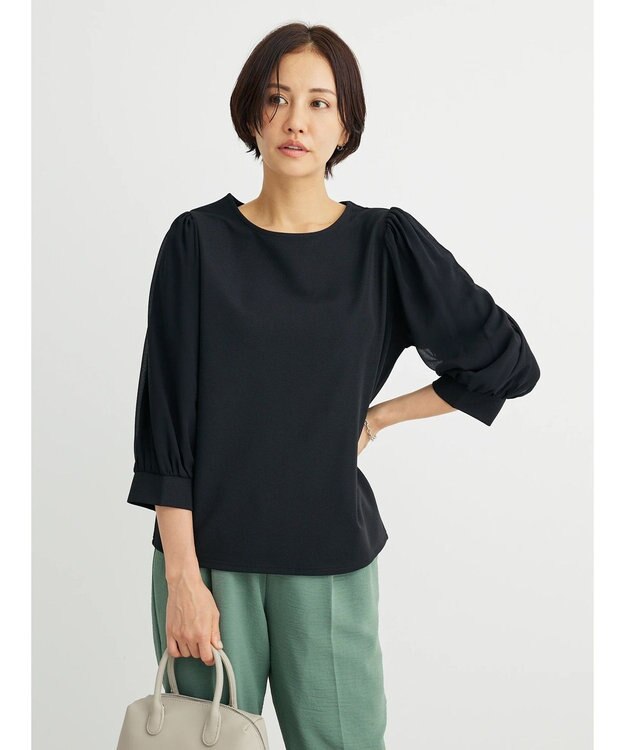 Green Parks 袖異素材使いリップルプルオーバー Black