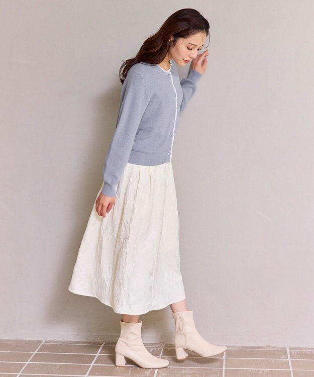 Feroux レーストリム ニット カーディガン スカイブルー系