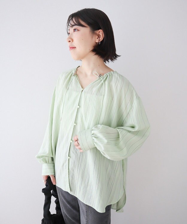 Green Parks ドロストネックシアーストライプチュニック Mint