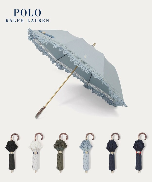 MOONBAT 【遮光/晴雨兼用日傘】POLO RALPH LAUREN(ポロ ラルフローレン) エンブフリル 折りたたみ傘 楽折 遮熱 UV スカイブルー