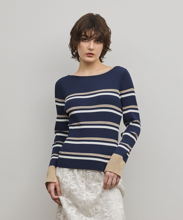 GRACE CONTINENTAL ラメボーダーニットトップ ネイビー