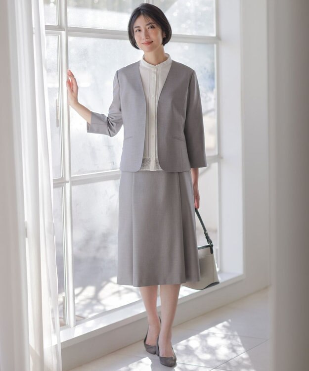 J.PRESS LADIES L 【定番人気・セットアップ対応】OXIJEWEL ストレッチ ノーカラー ジャケット グレー系