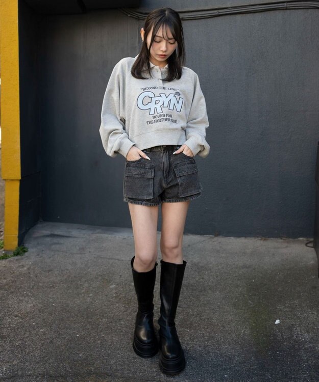 WEGO 襟付きグラフィックショートスウェット 杢グレー