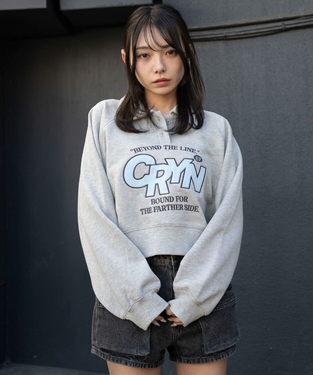 WEGO 襟付きグラフィックショートスウェット 杢グレー