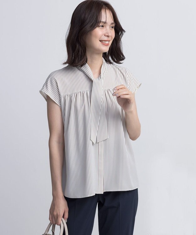 組曲 ライトデシンボウタイ ブラウス ベージュストライプ系1