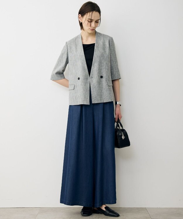 ICB L ストレッチMIXツイード 半袖ジャケット ブラックミックス