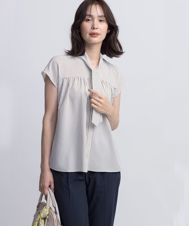 組曲 L ライトデシンボウタイ ブラウス ベージュストライプ系1
