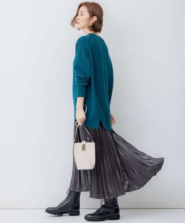 23区 【洗える】ウールミドルゲージ Vネック チュニック ニット ピーコックグリーン系