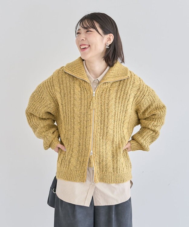Green Parks 衿付きケーブルｚｉｐカーディガン Yellow
