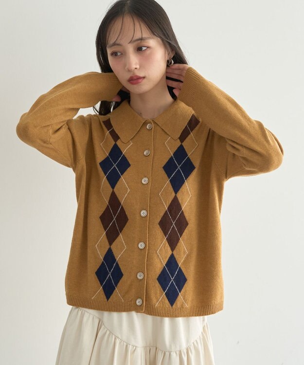 earth music&ecology 【予約】襟付きアーガイルニットカーディガン キャメル
