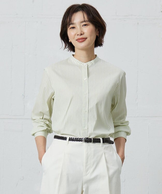 J.PRESS LADIES L 【洗える】BEZ VEGA バンドカラー ブラウス イエロー×ネイビー系