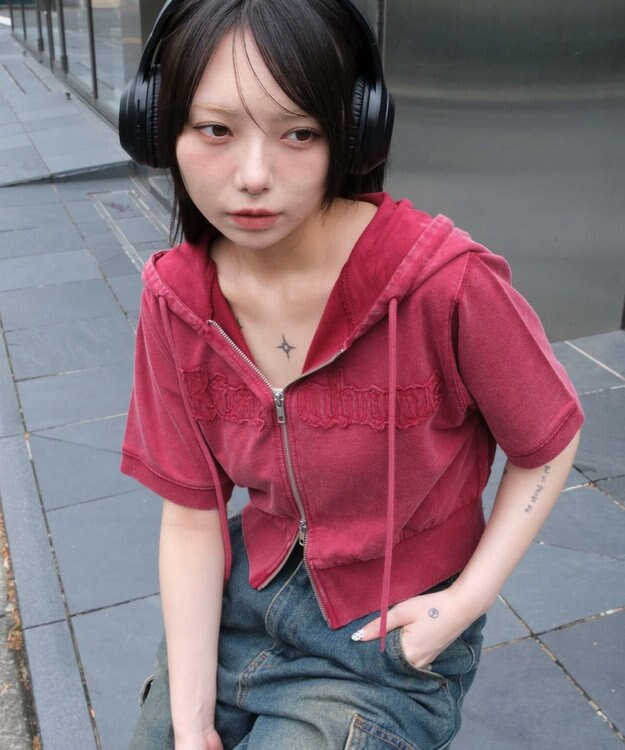 WEGO ヴィンテージウォッシュロゴ半袖パーカー レッド