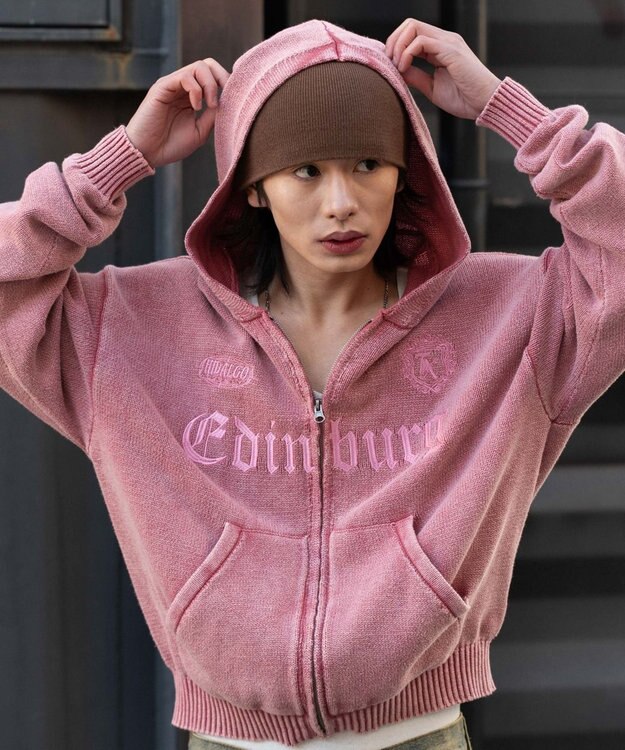 WEGO 【ユニセックス着用ITEM】ブリーチニットグラフィックZIPパーカー ピンク