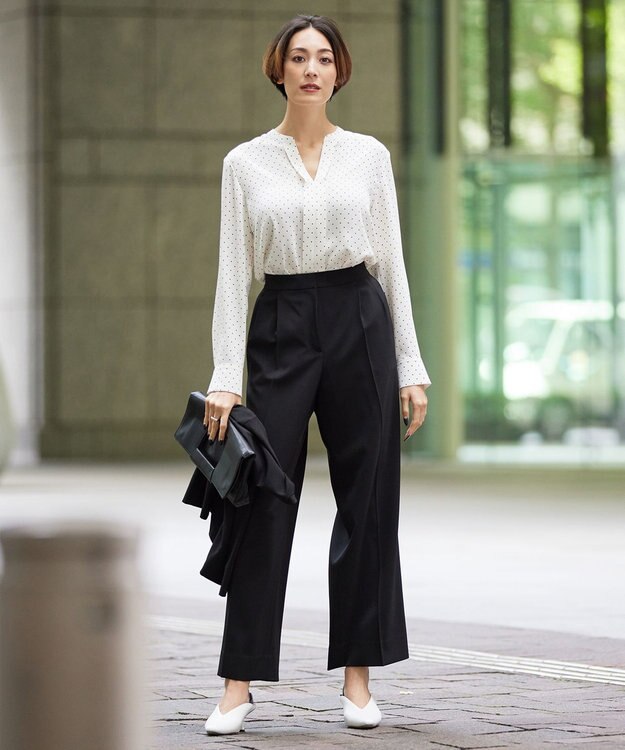 ICB 【人気のため新柄追加・洗える】Back Satin Amunzen キーネック長袖ブラウス ドット柄系