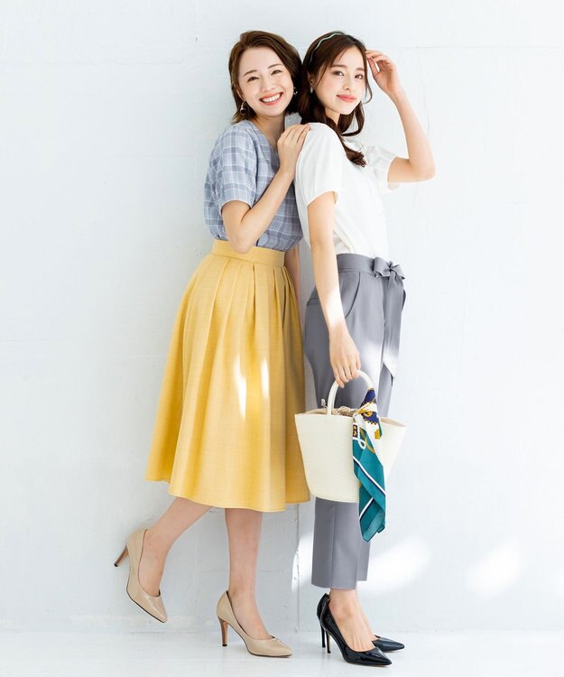 Tiaclasse L 【洗える】美脚効果も叶うリボン付きテーパードパンツ ブルー