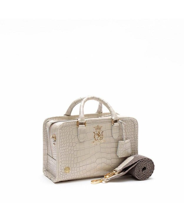 A.D.M.J. 【牛革】クロコ型押しヘリ巻きボストン23cm ホワイトパーライズ