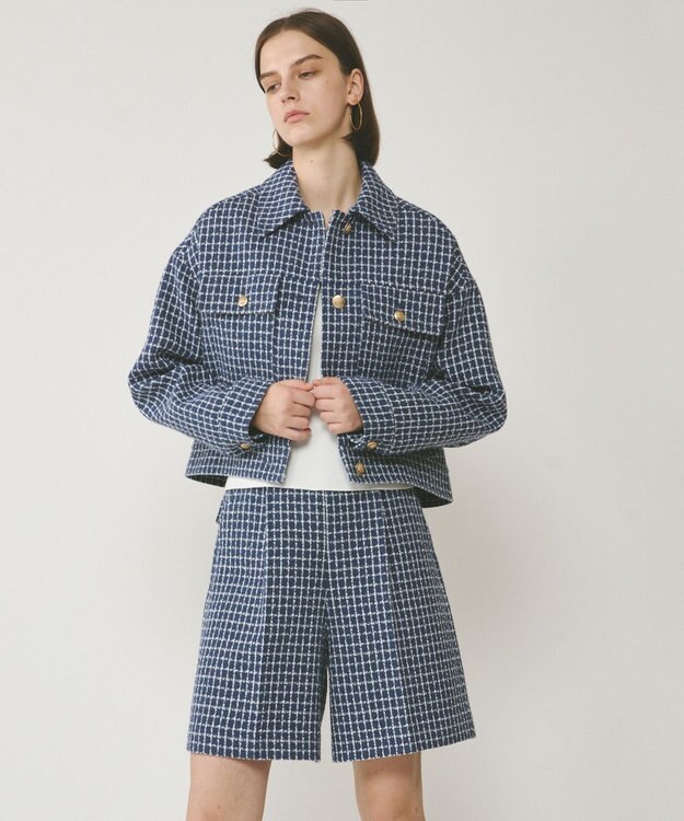 GRACE CONTINENTAL チェックツイードブルゾン ブルー