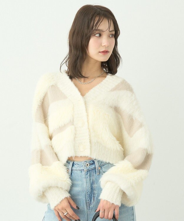 earth music&ecology フェザーミックスインターシャカーディガン Ivory