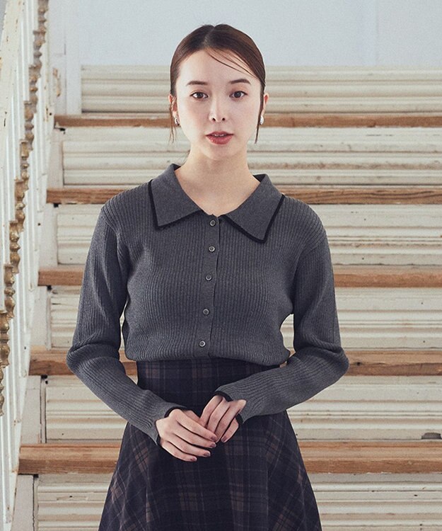 earth music&ecology バイカラートリムニットカーディガン Charcoal Gray