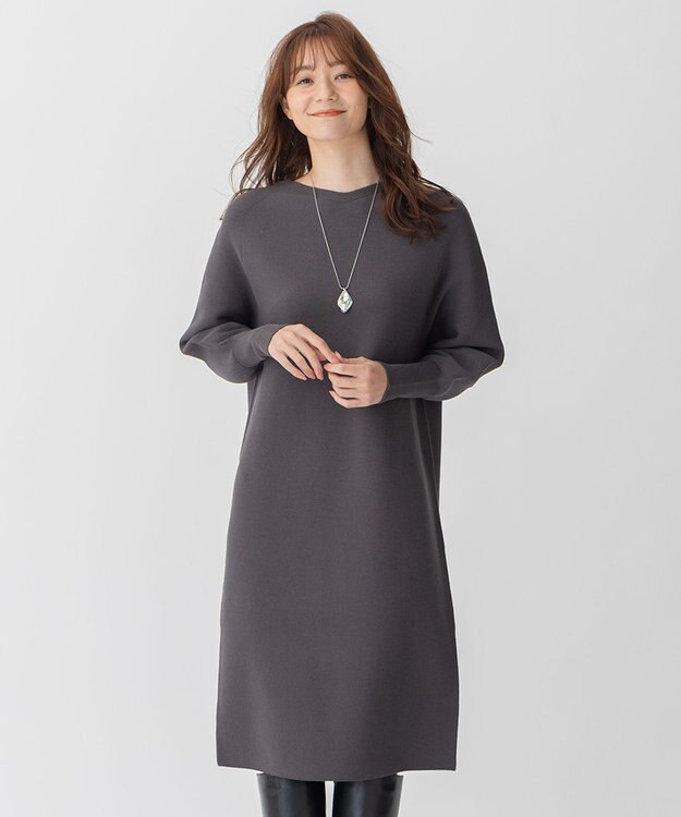 自由区 【洗える】コットンストレッチホールガーメント ニットワンピース グレー系