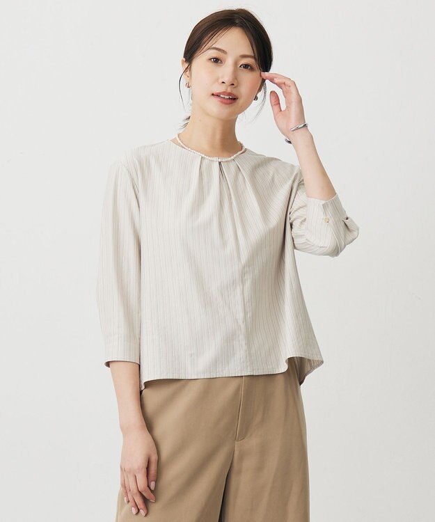 J.PRESS LADIES ストライプジャージー バックペプラム カットソー グレージュストライプ系