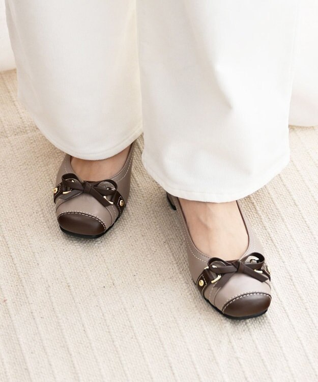 Pointer 日本製 本革リボン付きパンプス オークグレー×ブラウン