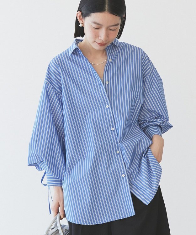 AMERICAN HOLIC 【WEB限定】イージーケアバックギャザーリボンシャツ Stripe Sax