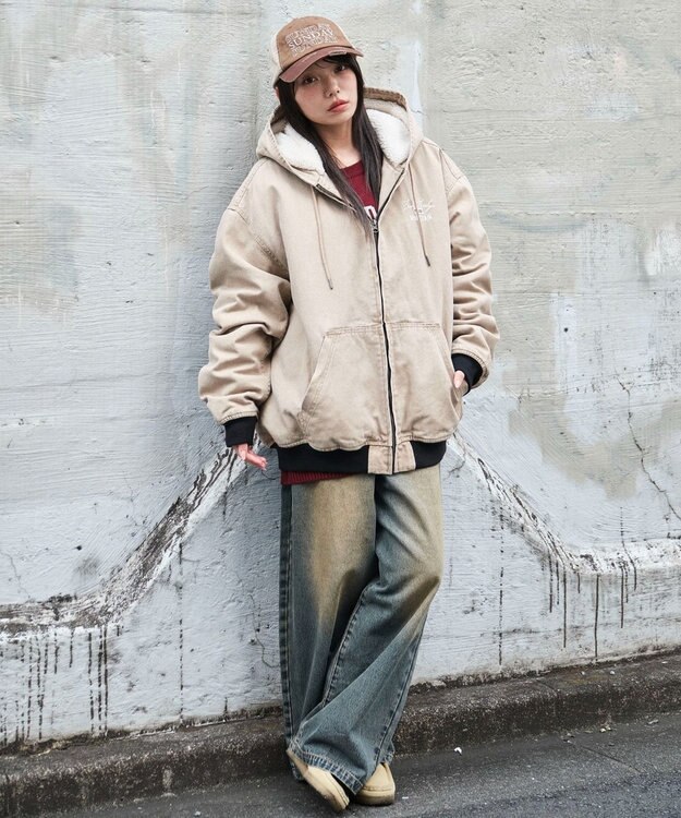 WEGO 【ユニセックス着用ITEM/MLサイズ展開】ワーカーズボアフードブルゾン ベージュ