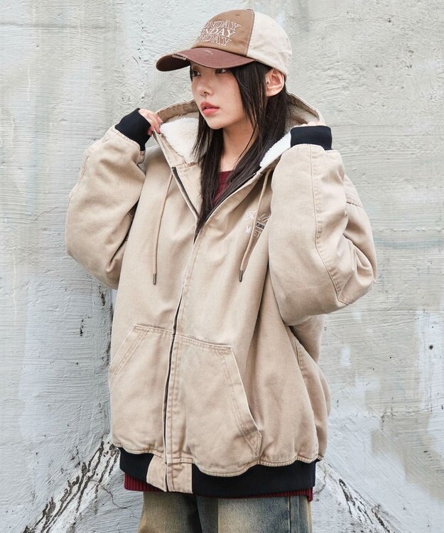 WEGO 【ユニセックス着用ITEM/MLサイズ展開】ワーカーズボアフードブルゾン ベージュ