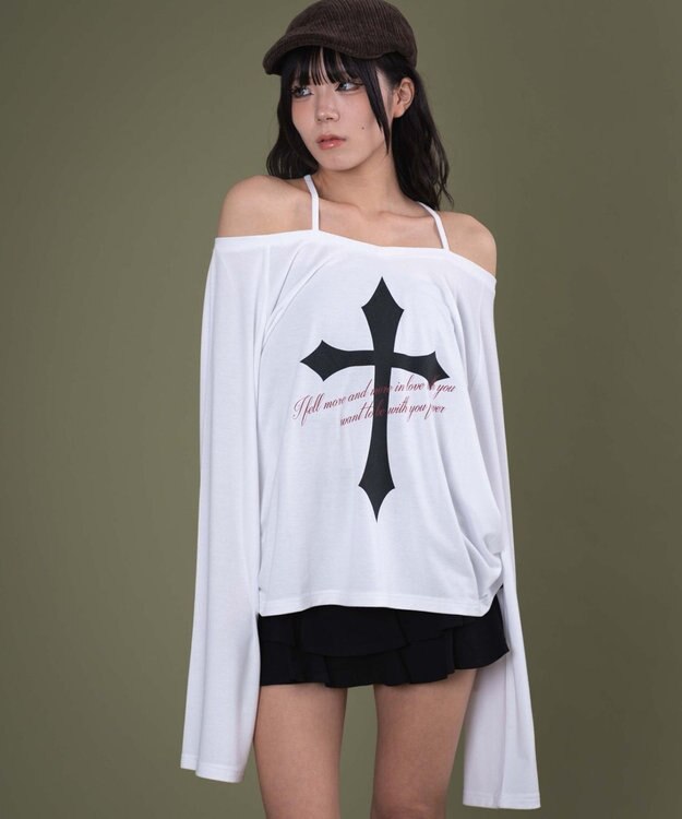 WEGO オフショルダークロスロゴトップ ホワイト