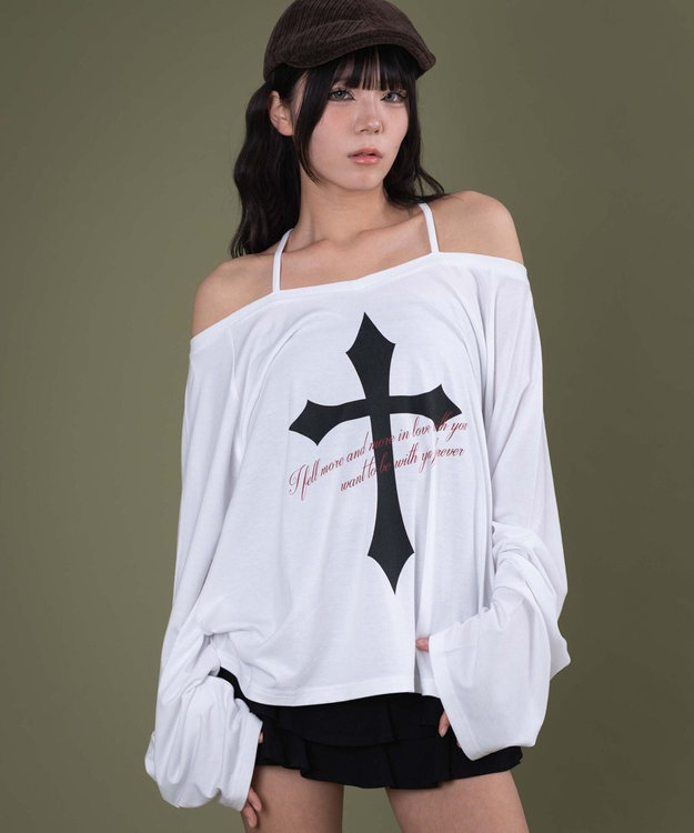 WEGO オフショルダークロスロゴトップ ホワイト