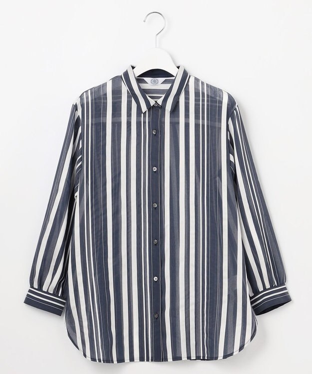 J.PRESS LADIES 【洗える】SHEER dobby ストライプ シャツカラー ブラウス ネイビー系1