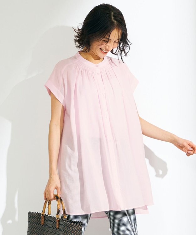 ANY 【洗える】シャーリングチュニック ブラウス ピンク系