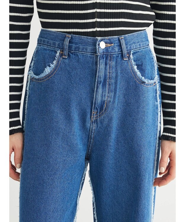 Green Parks ・Ｄｏｕｂｌｅ　Ｆｌａｇｓフリンジラインストレートデニム Indigo