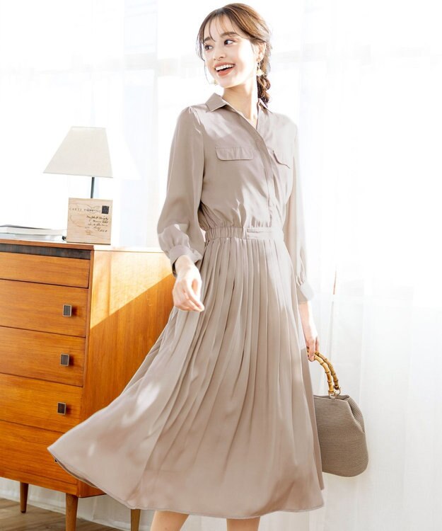Tiaclasse L 【洗える】ヴィンテージサテンシャツワンピース グレージュ