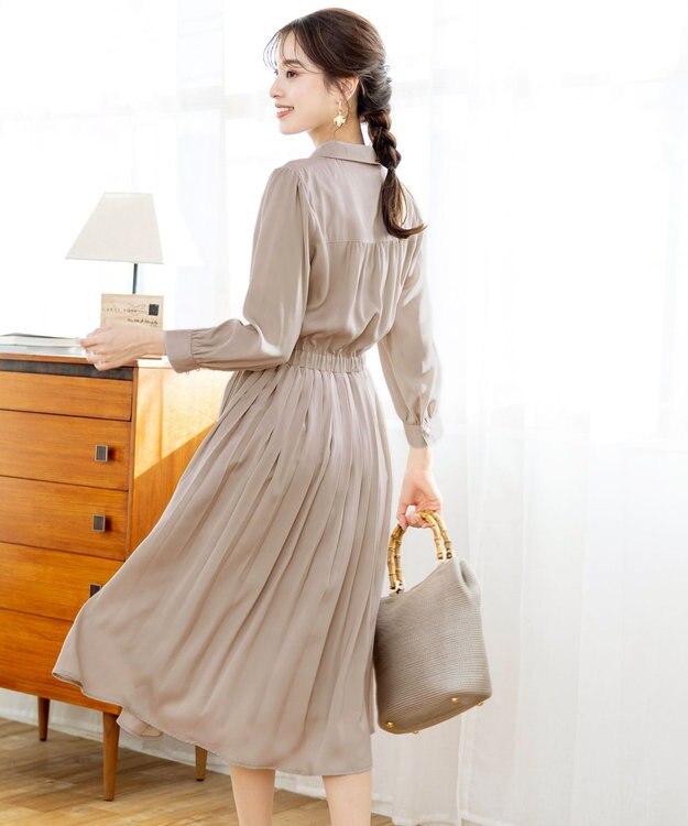 Tiaclasse L 【洗える】ヴィンテージサテンシャツワンピース グレージュ