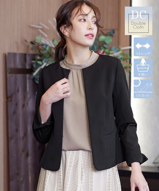 Tiaclasse L 【ダブルクロス・洗える】ノーカラージャケット ブラック